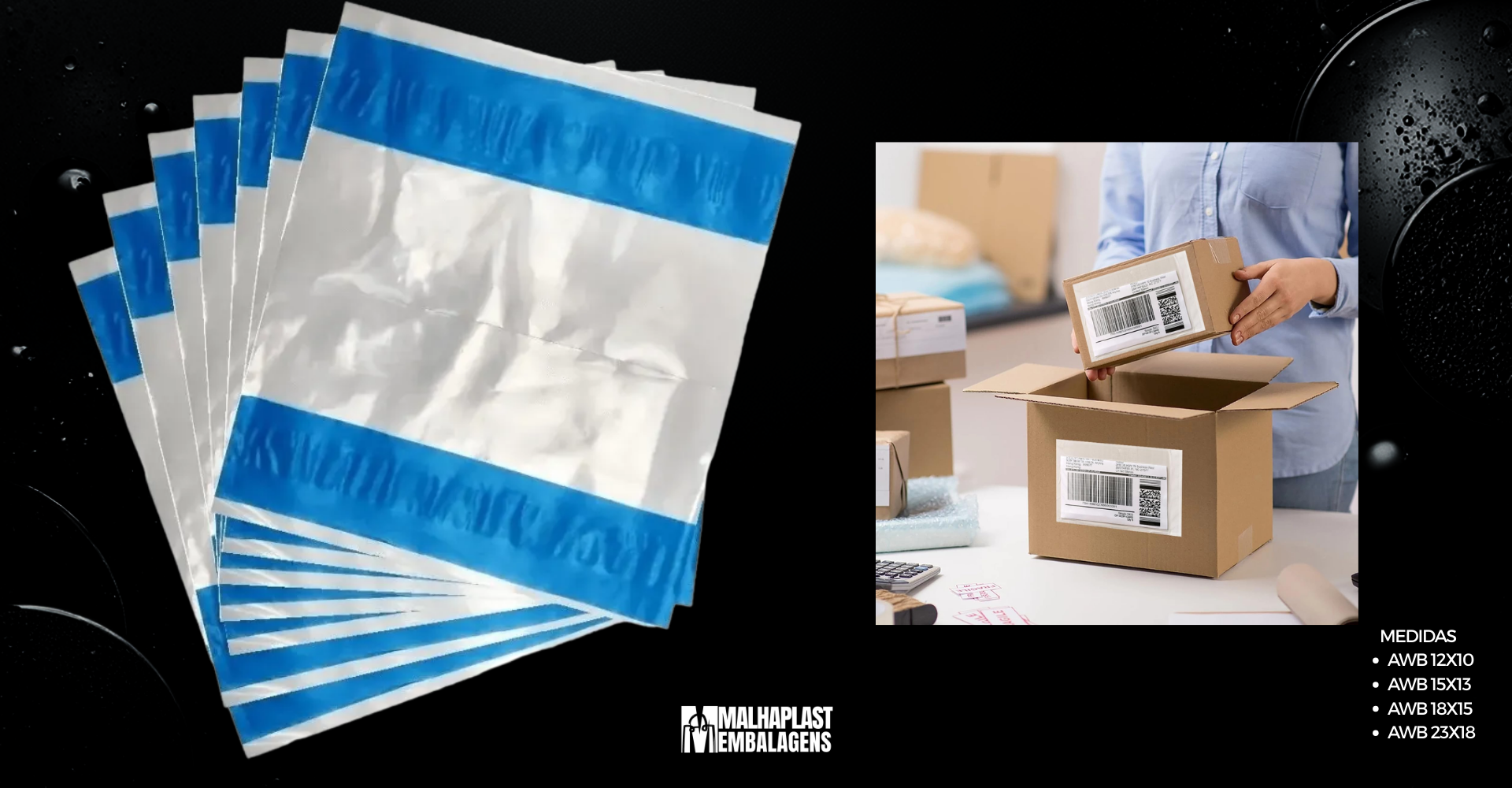 Envelope plástico AWB autocolante transparente (canguru) para fixação de nota fiscal em caixas de encomendas - Malhaplast.