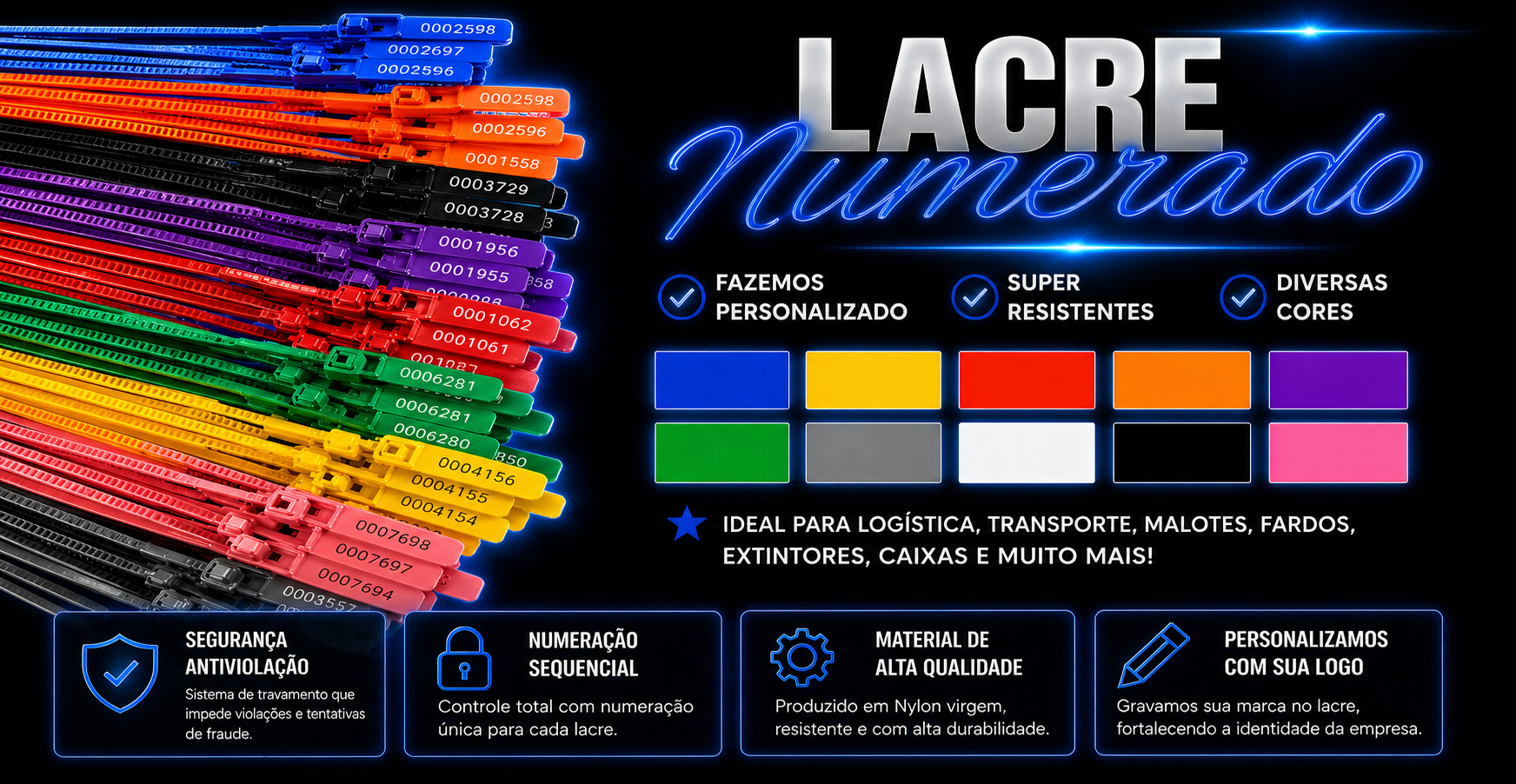 Cores disponíveis de lacres de segurança numerados em nylon Malhaplast