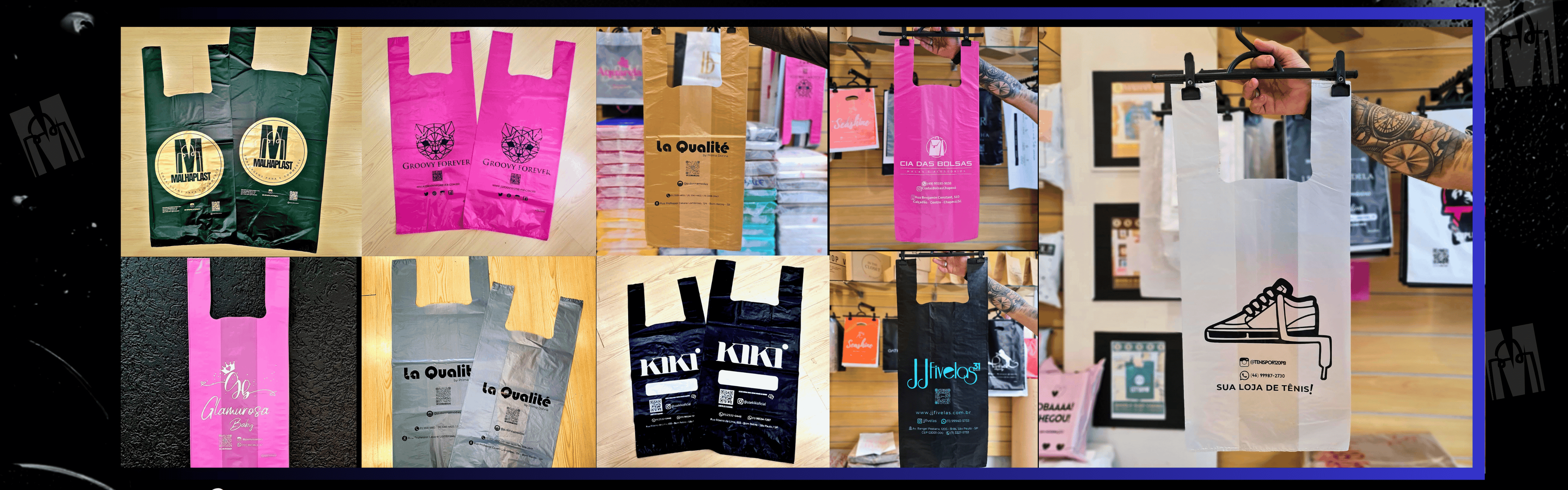 Detalhe de impressão de alta qualidade em sacola plástica personalizada, fabricação e atacado de embalagens Malhaplast.