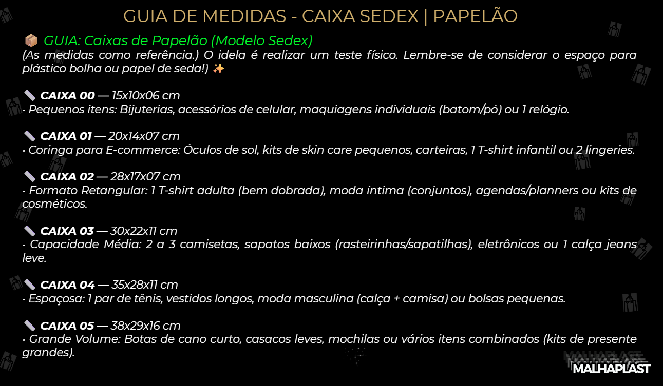 guia de caixa de papelão modelo sedex da malhaplast. Descubra a sua medida !